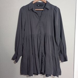 Zara Button Down Tiered Baby Doll Dress Long Sleeve